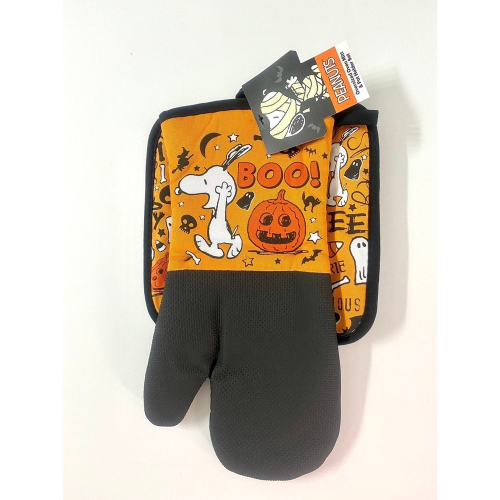 Peanuts Snoopy Halloween Oven Mitt Pot Holder Set 2pc Woodstock Fall Orange